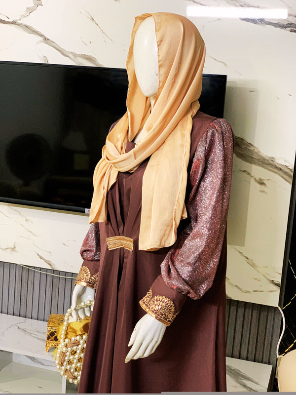 Brown Abaya with shimmer sleeves